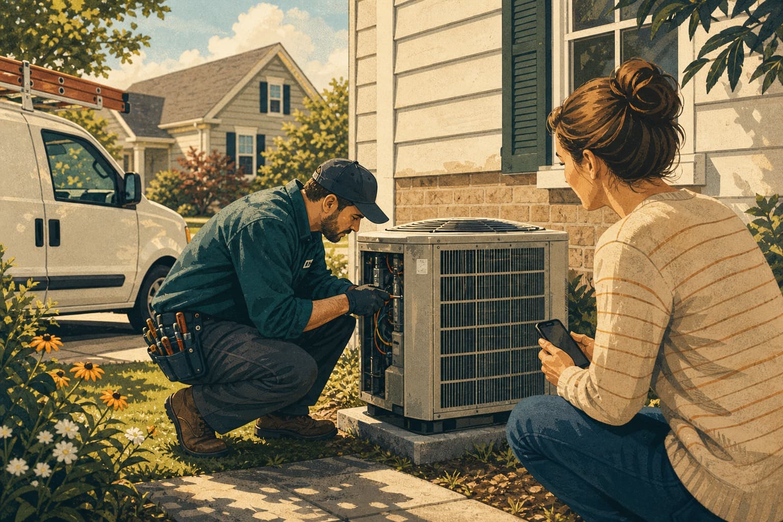 HVAC technician servicing an outdoor unit while a homeowner looks on