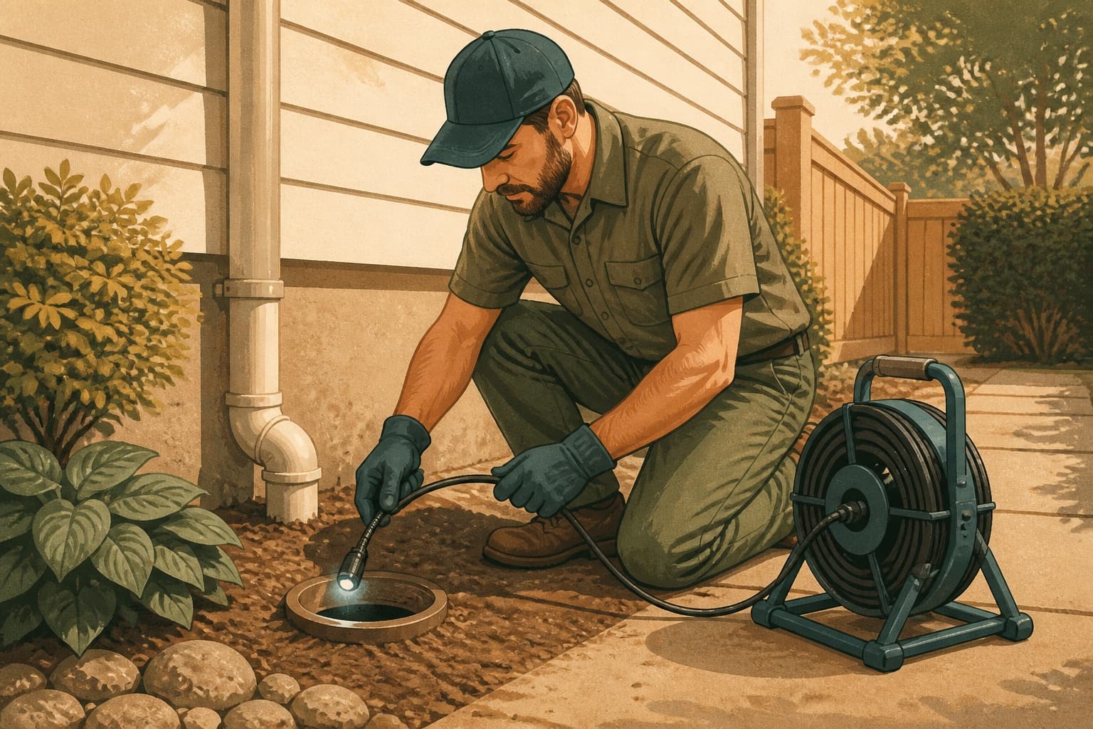 Plumber conducting a sewer camera inspection at a residential cleanout