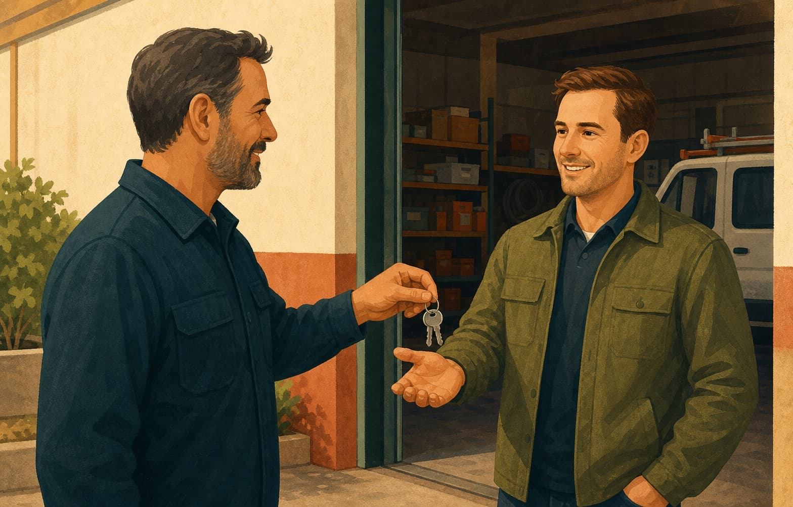 Regional home-service operations manager handing branch access to a new manager