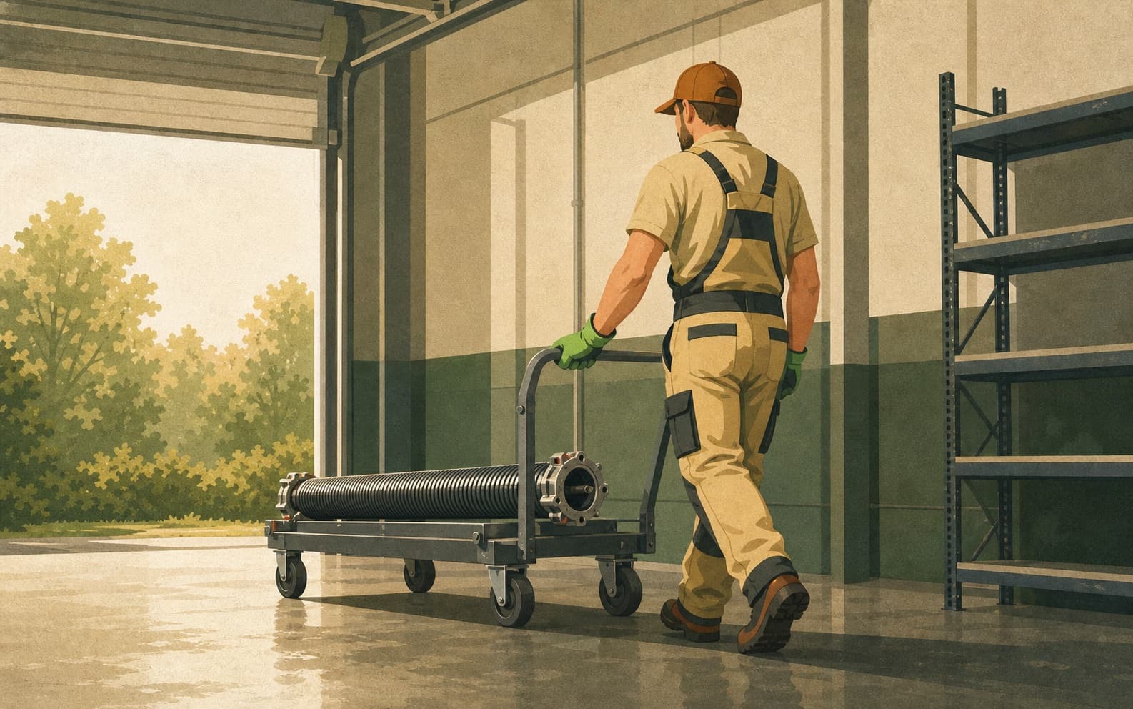 Garage-door installer rolling a torsion spring into a newly occupied service bay
