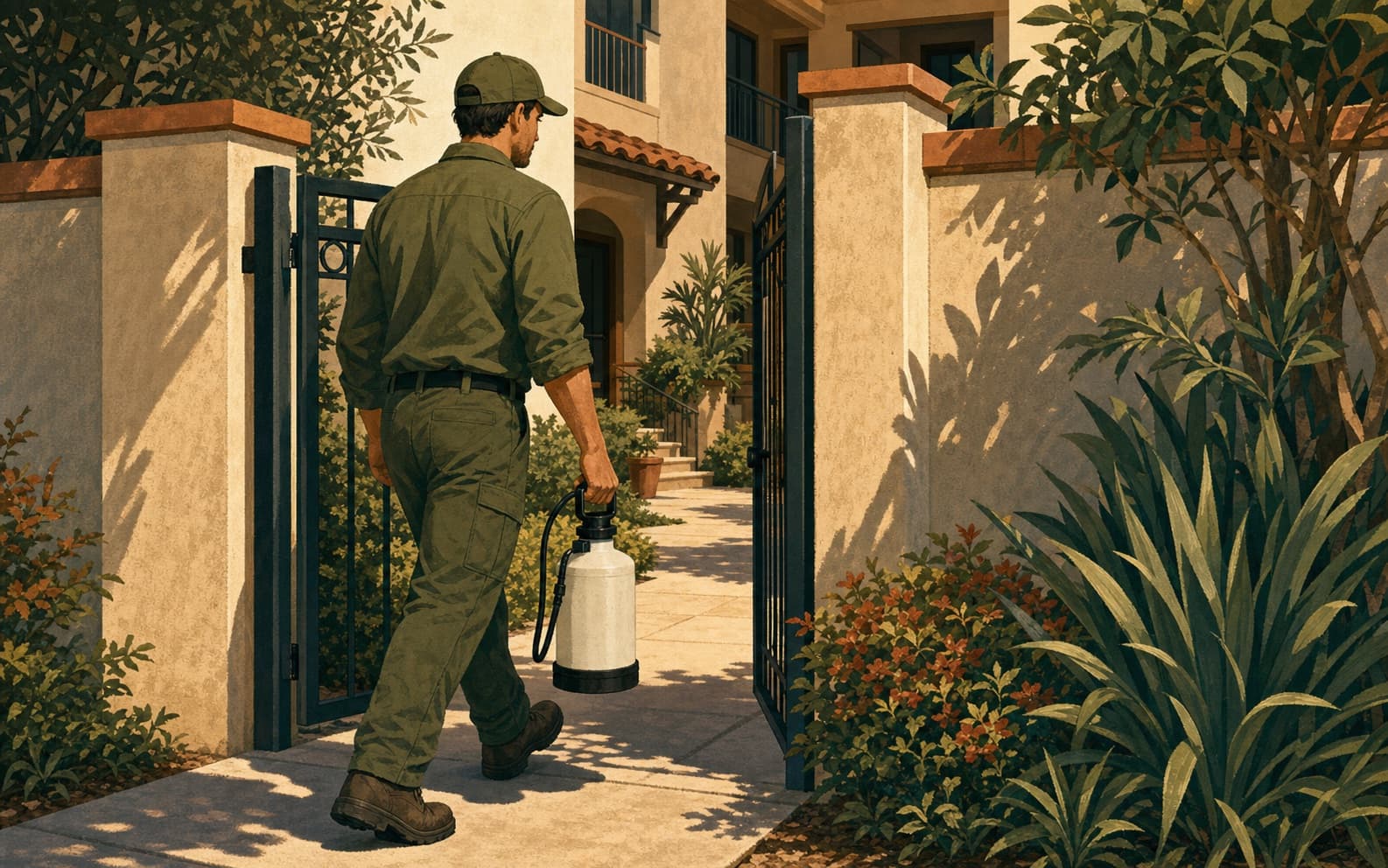 Pest-control technician entering a real apartment courtyard for a scheduled service visit