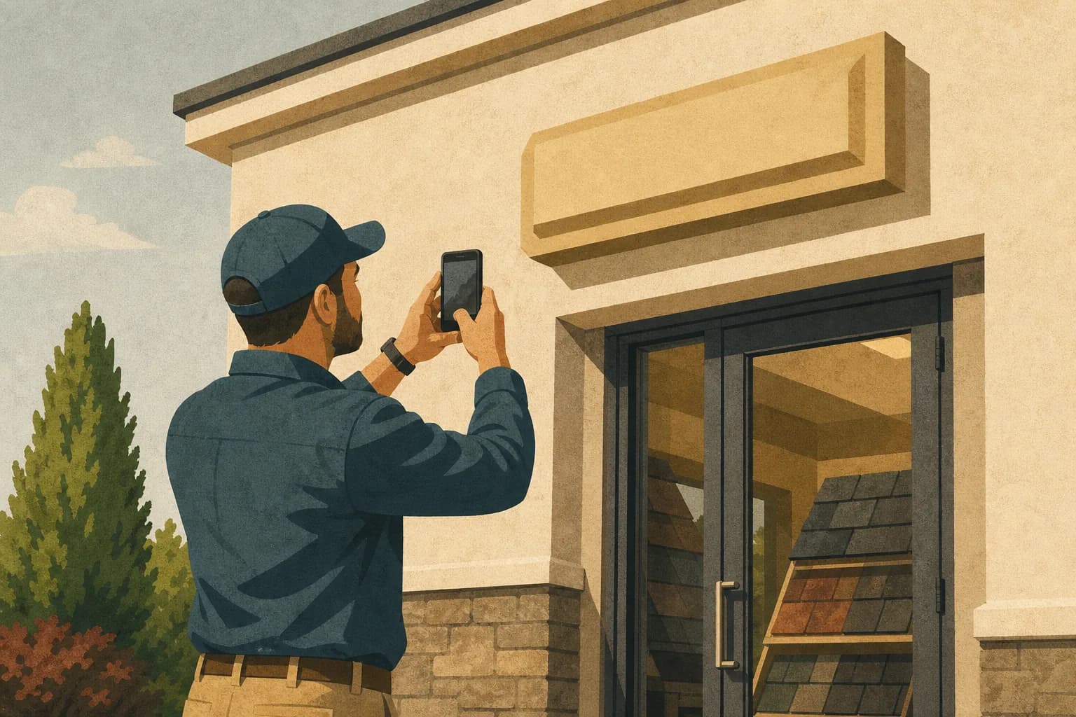 Roofing franchise branch manager photographing the permanent entrance sign at a customer-facing service office