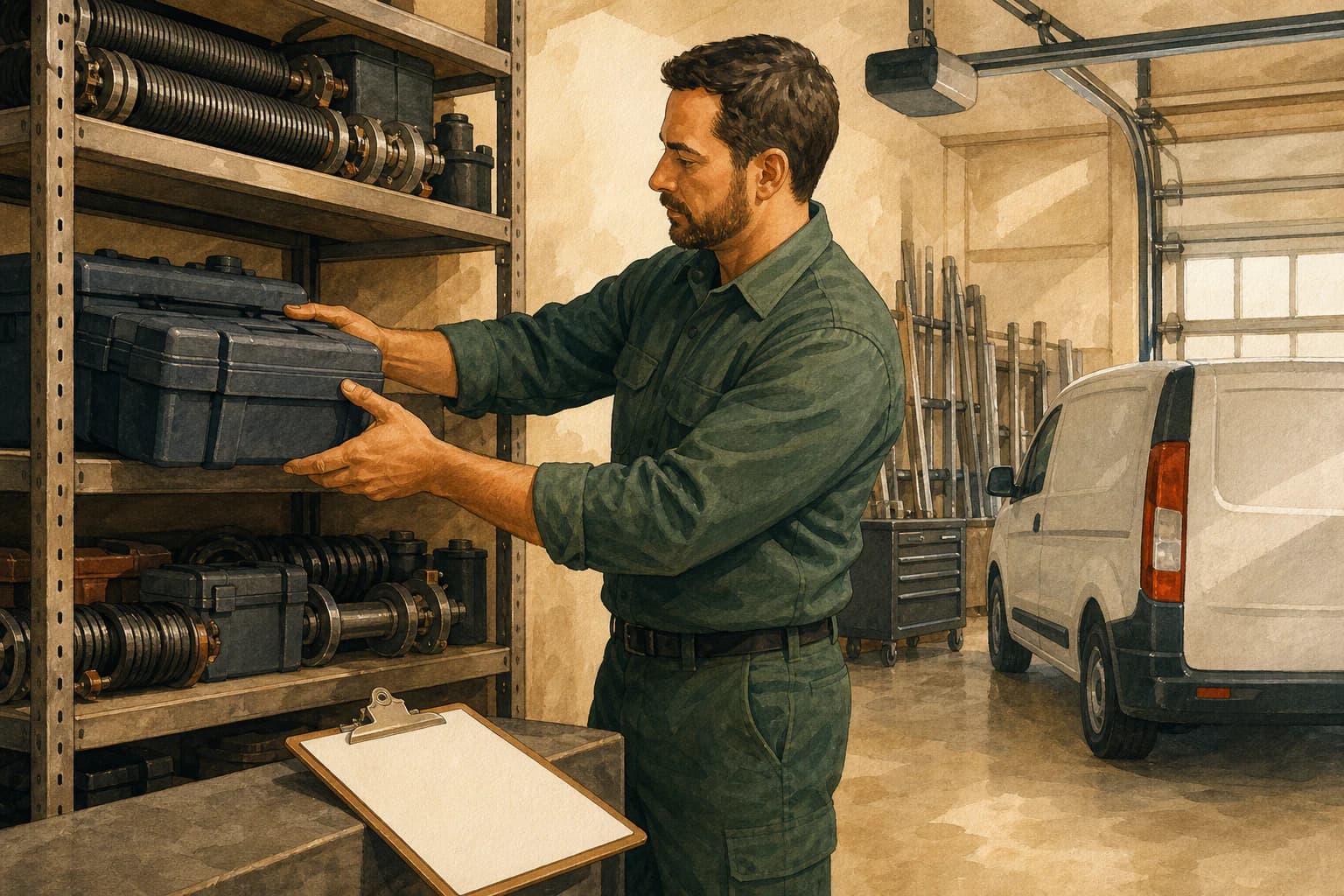 Garage door service manager selecting an unmarked tool case in a service bay