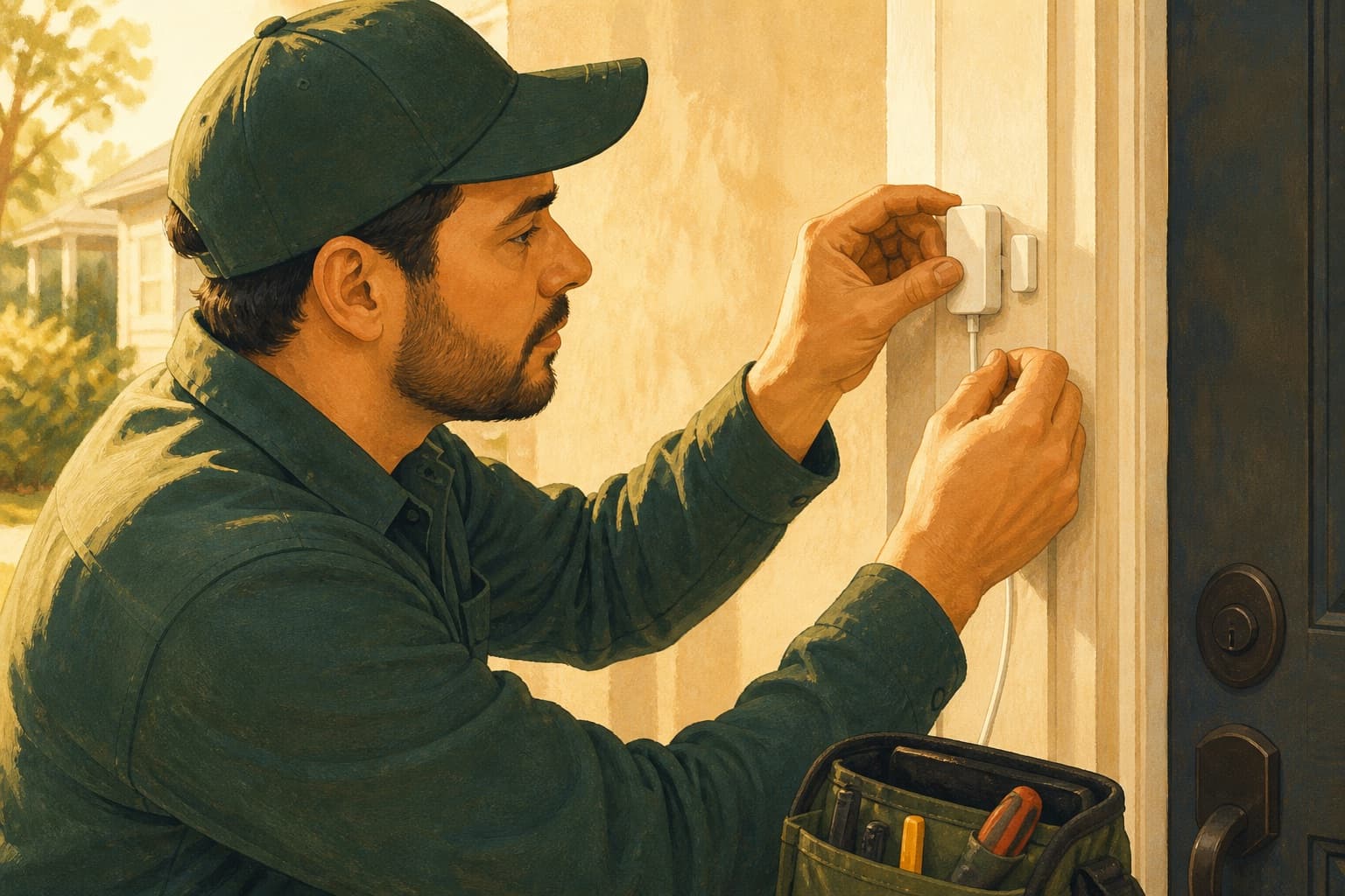 Smart-home service technician checking a wired door contact at a residential entrance