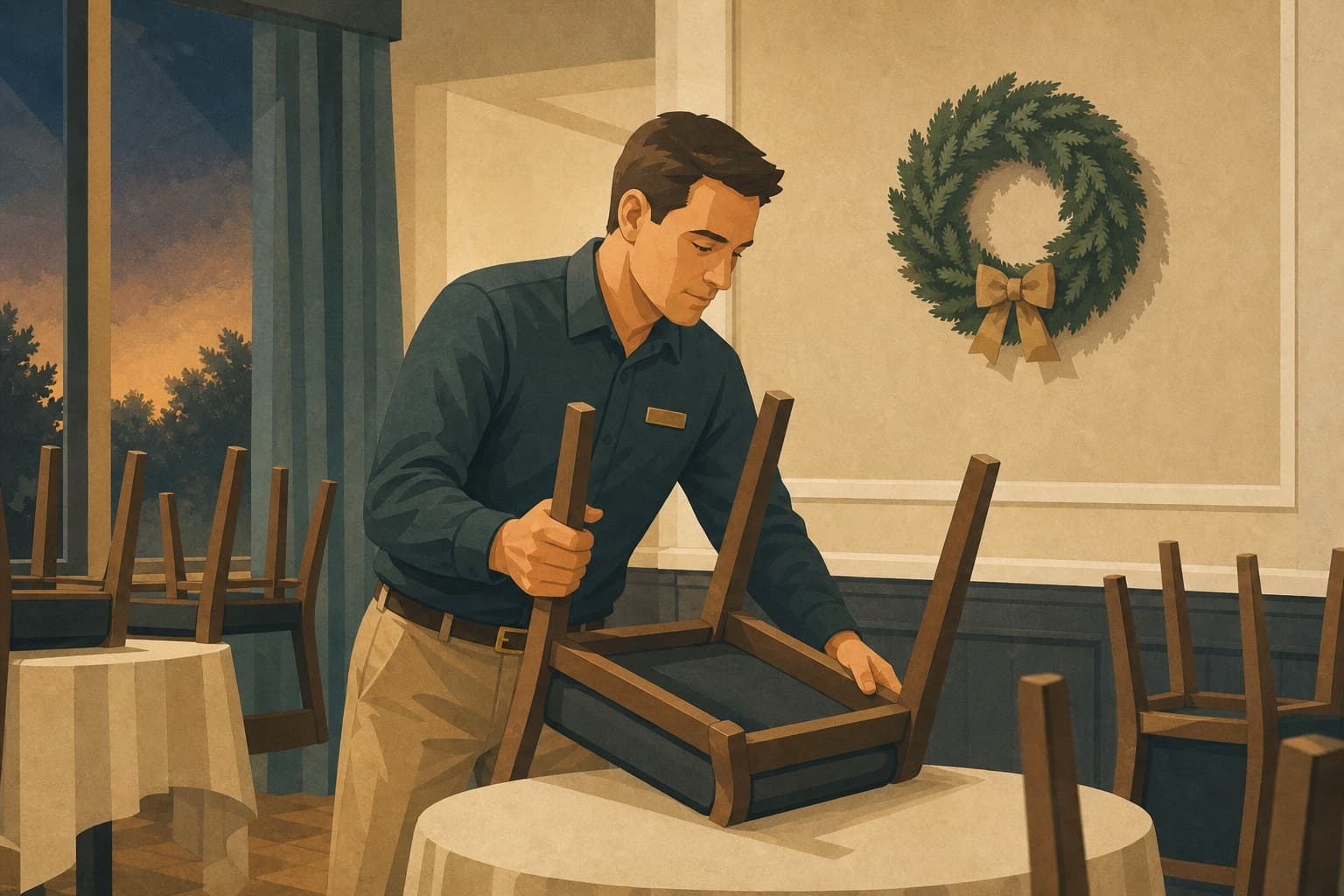Hotel operations manager stacking a chair after an early holiday close