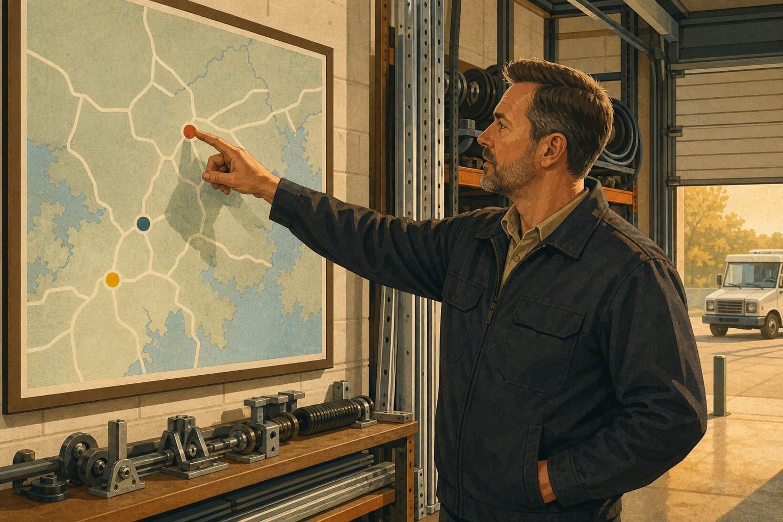 Garage-door service manager pointing to one location on a regional branch map