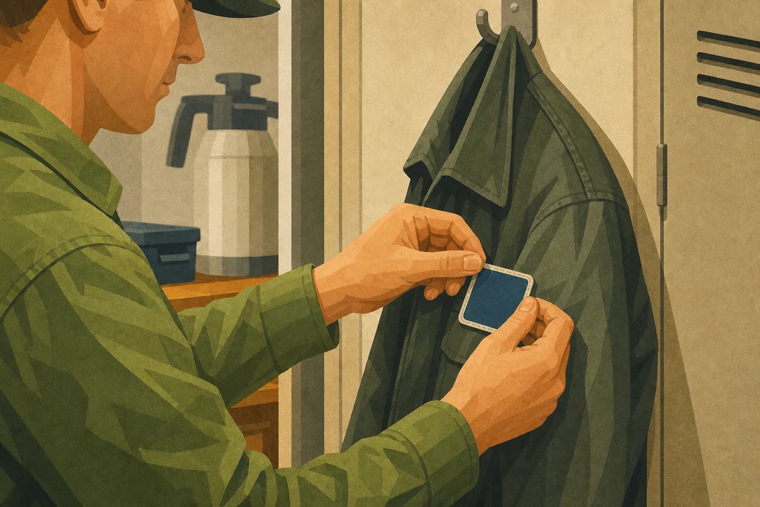 Pest-control field technician fastening a plain identity patch to a work jacket before the shift