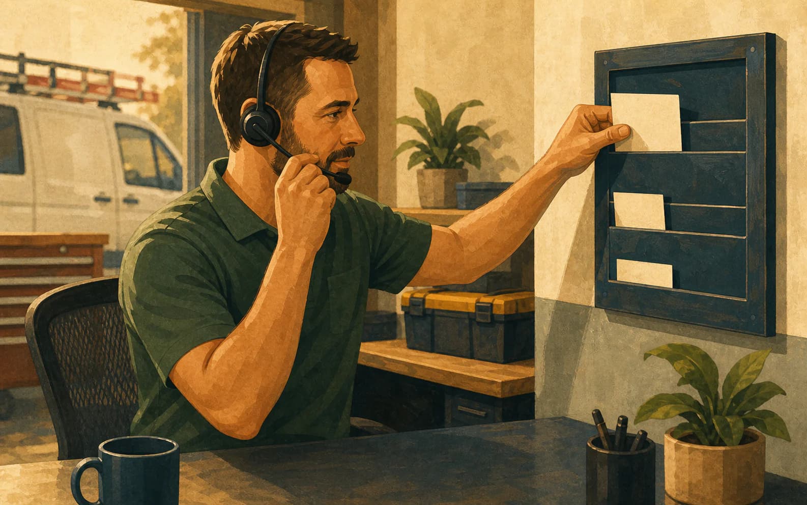 Home services dispatcher answering a headset call beside a blank branch answer board