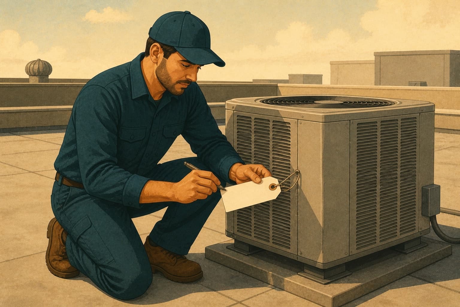 HVAC technician writing on a blank service tag attached to a rooftop condenser