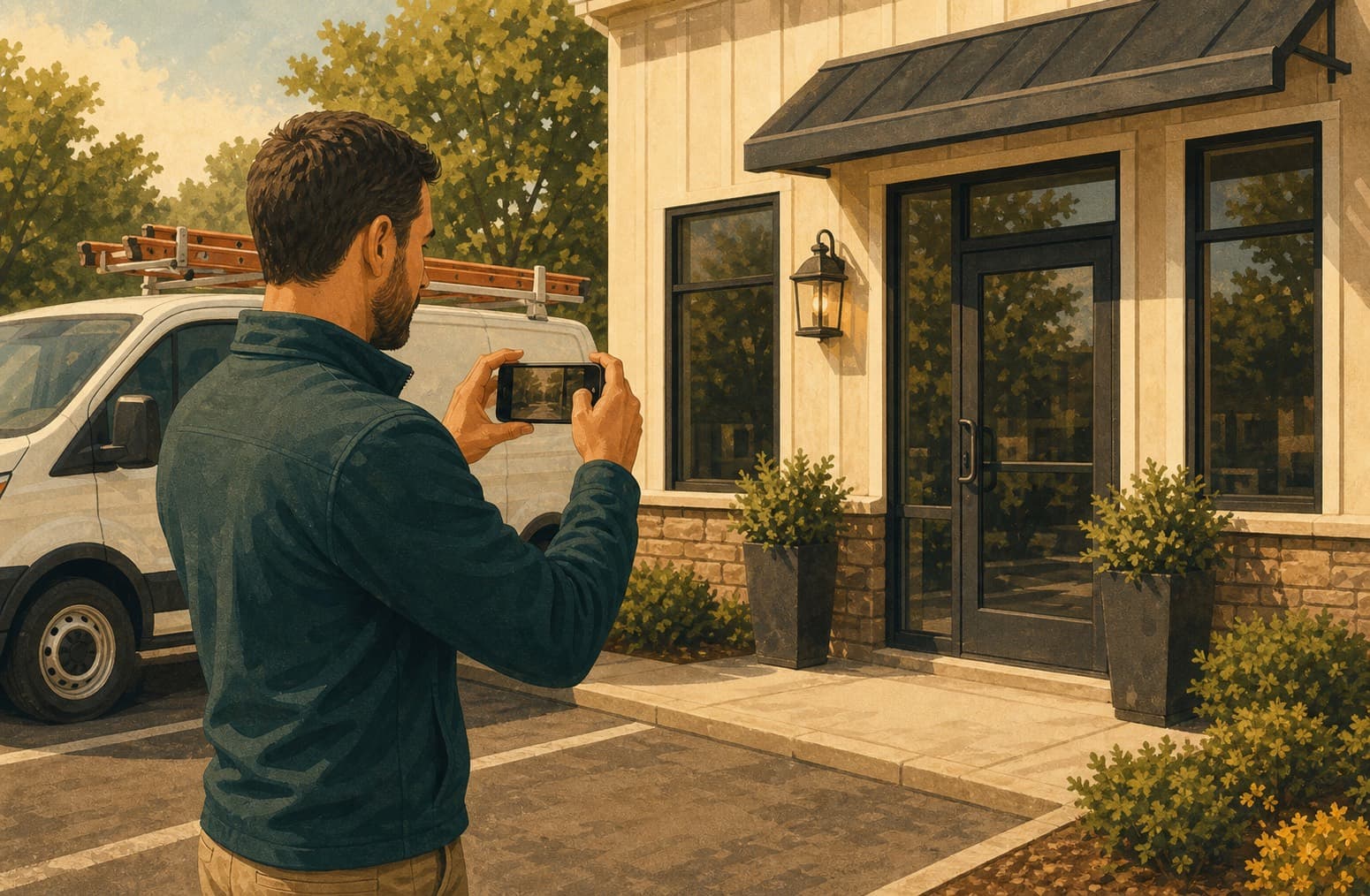 Home services manager photographing a storefront and service van