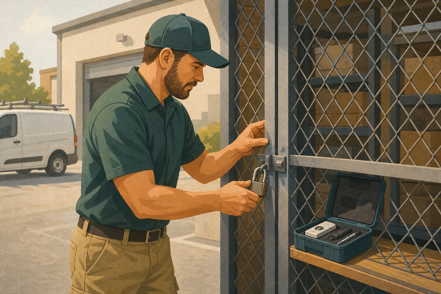 Smart-home branch manager unlocking a real equipment cage at a service yard