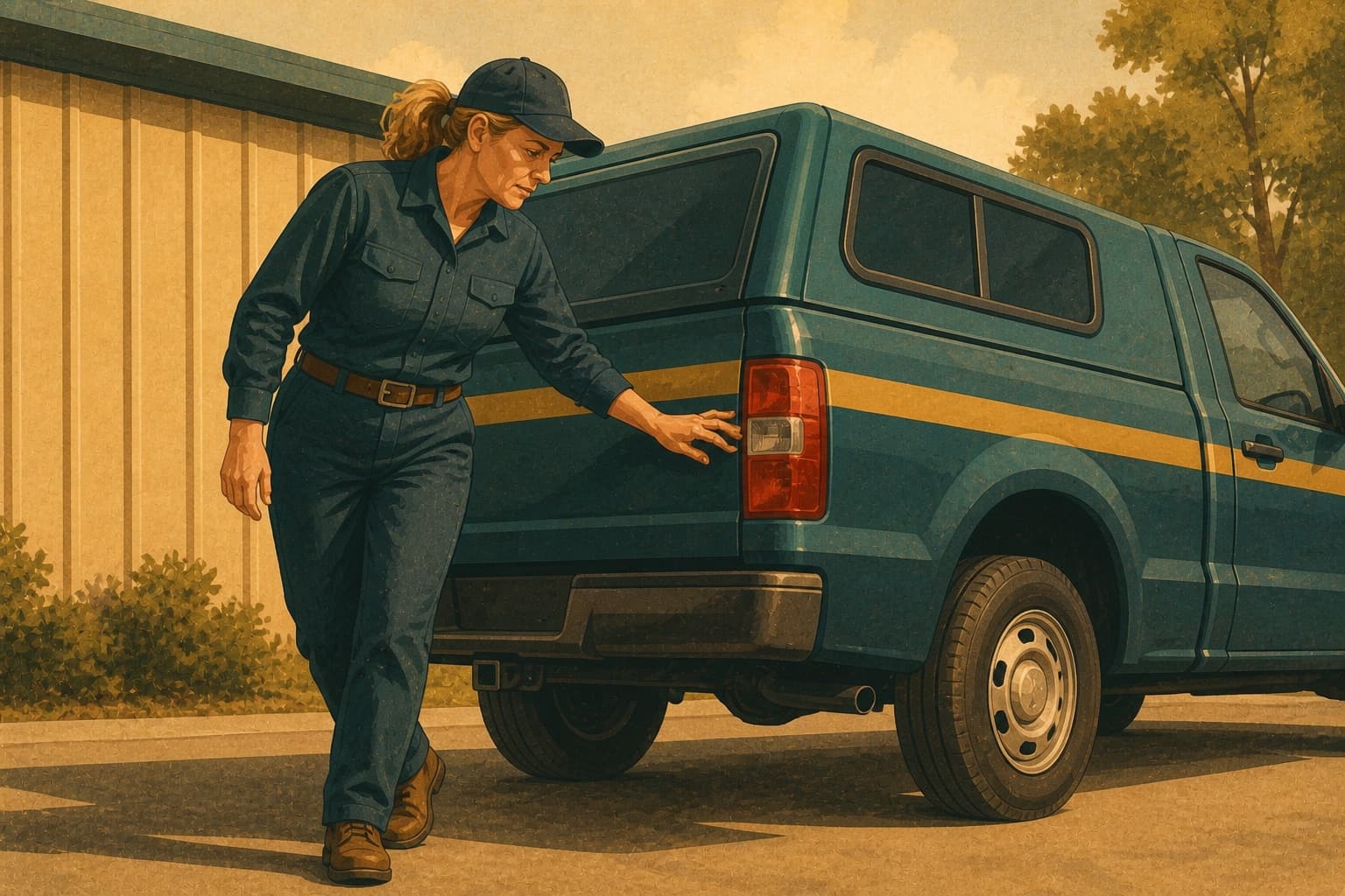 Pest-control technician inspecting the rear light of a service truck
