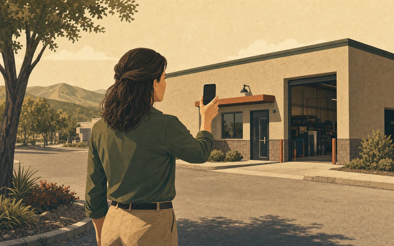 Restoration branch manager recording the exterior and entrance of a real service yard