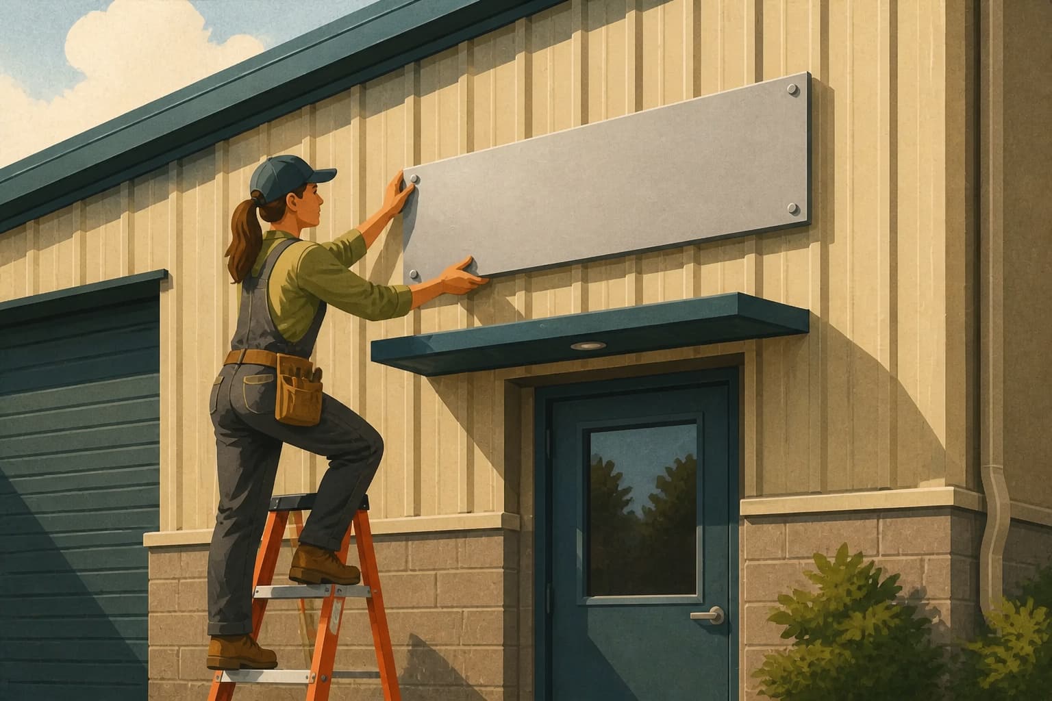 Roofing branch employee installing a permanent sign above a real warehouse entrance