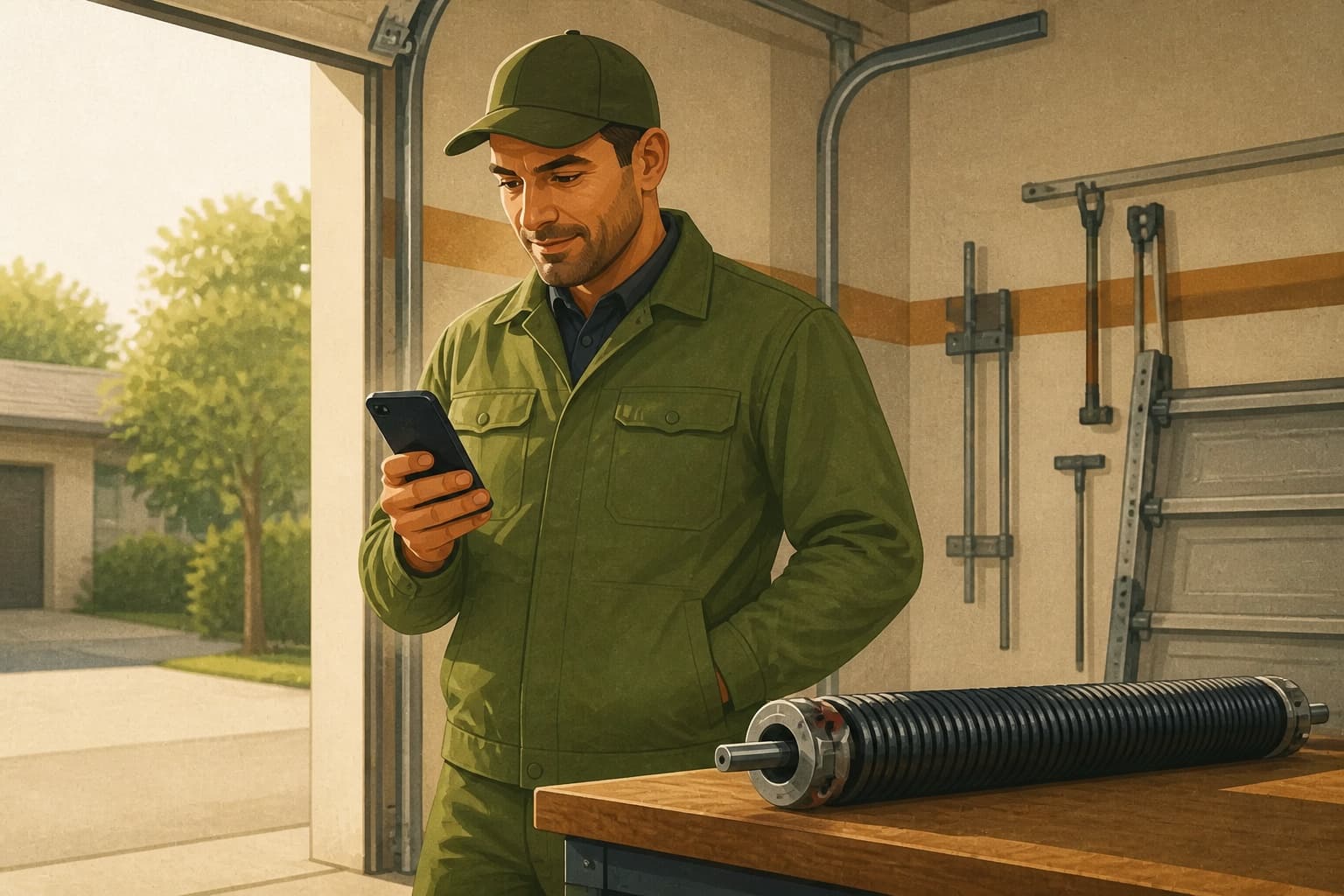 Garage-door service coordinator checking a customer message inside a working service bay