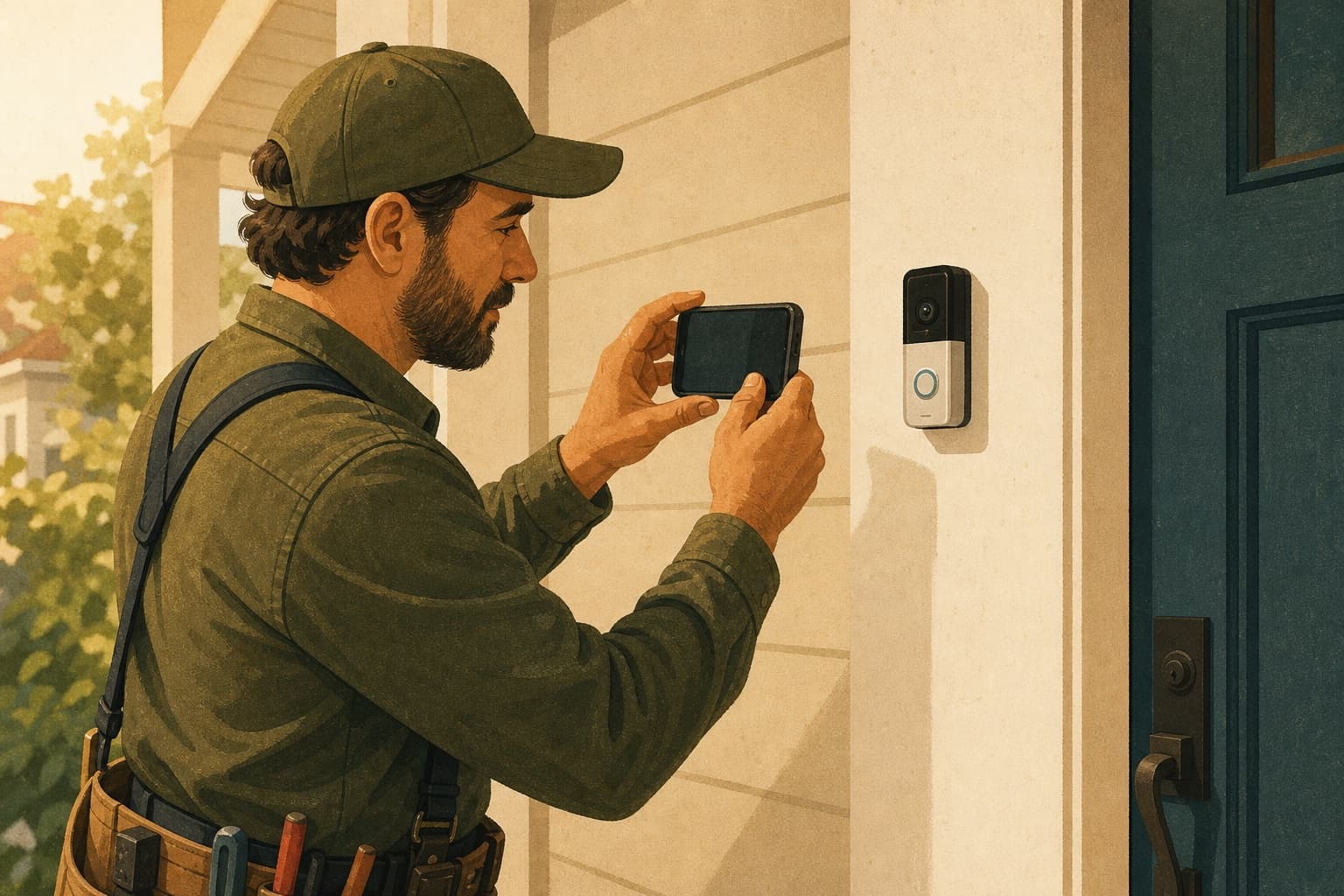Smart-home installer photographing a newly installed video doorbell after service