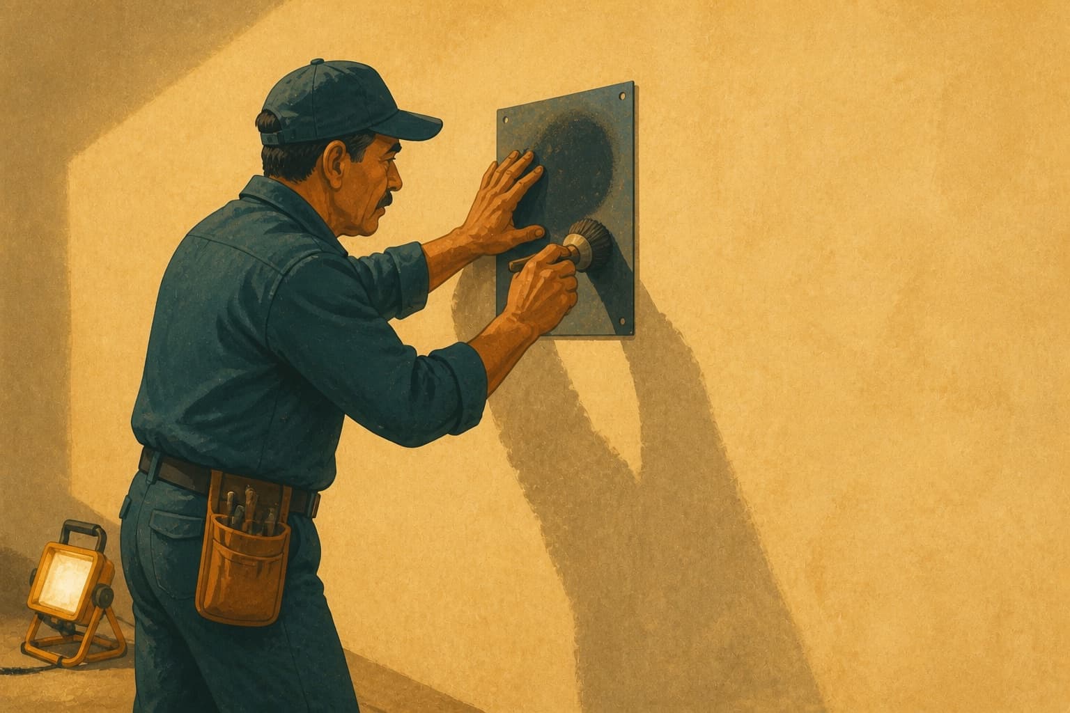 Shop foreman holding a stencil plate against a service-bay wall