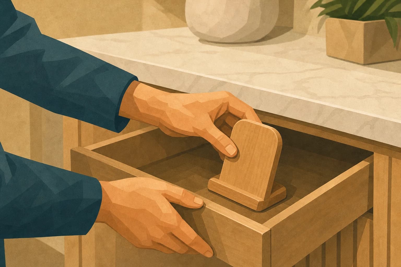 Customer experience manager placing an unbranded review stand into a reception drawer after a Business Profile restriction
