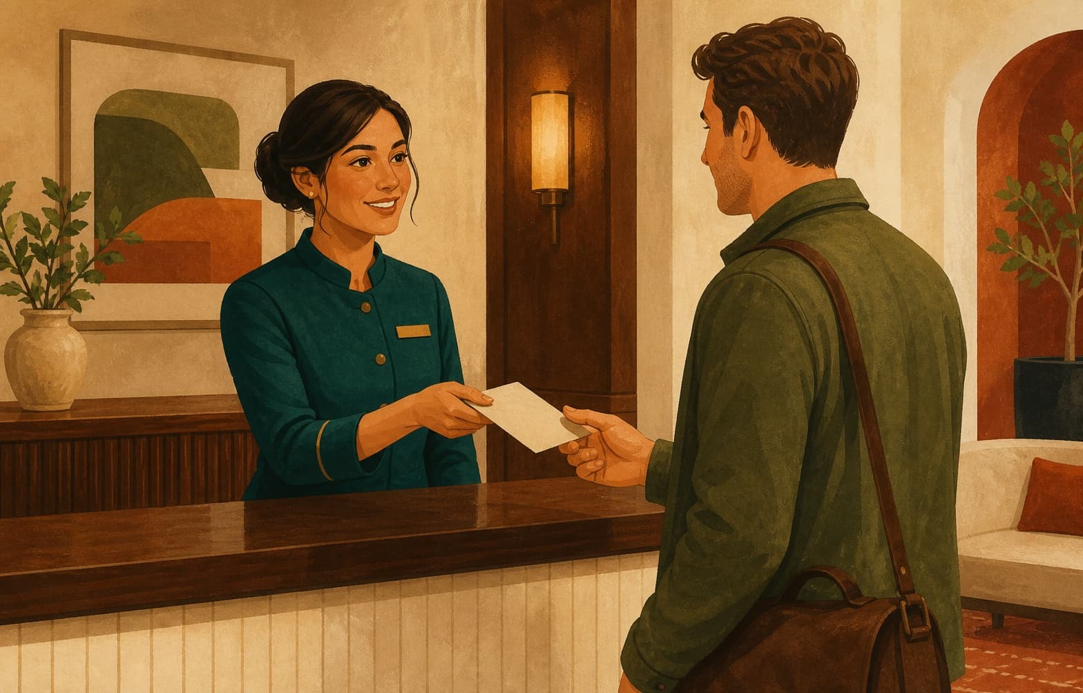 Hotel guest-services coordinator handing a plain receipt sleeve to a departing guest