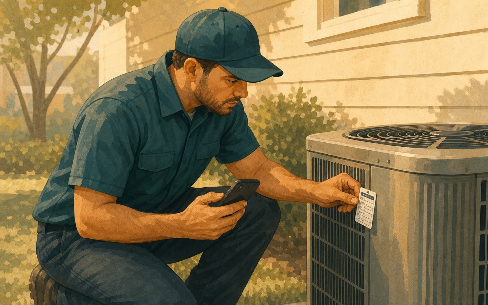 HVAC technician checking an outdoor unit during a local service visit