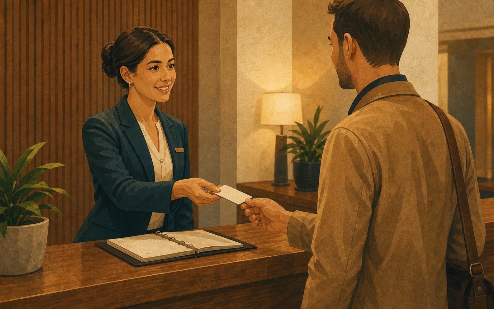 Hotel front desk associate handing a keycard to a guest
