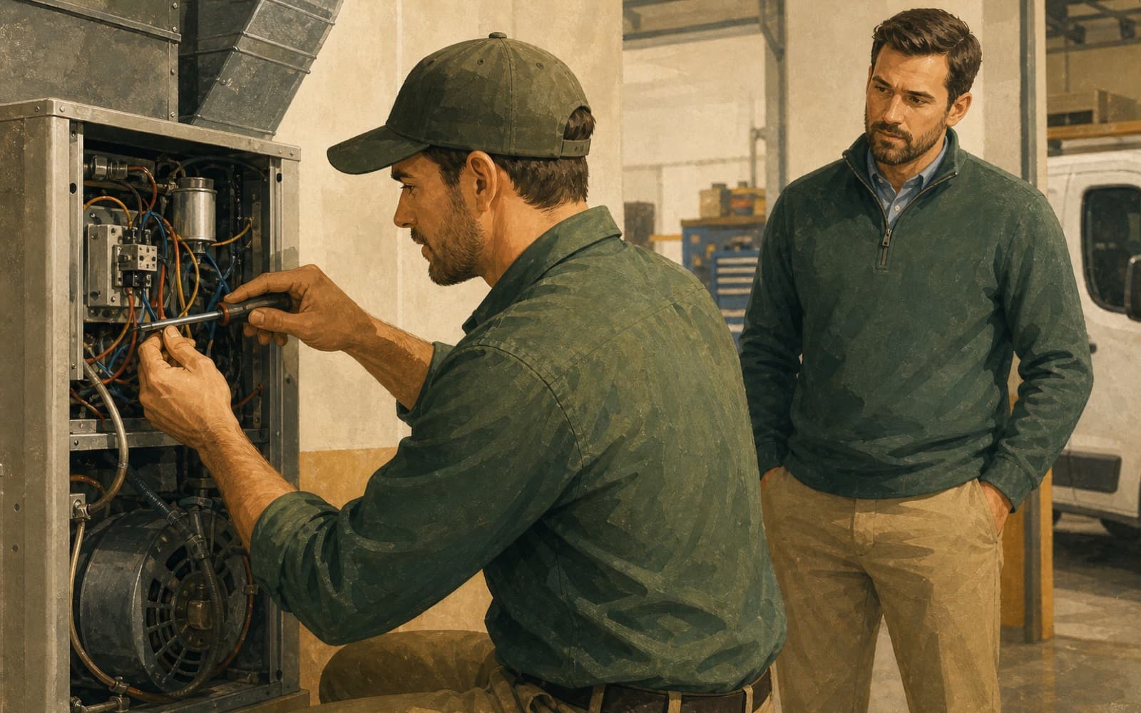 HVAC technician working on open equipment while a manager observes