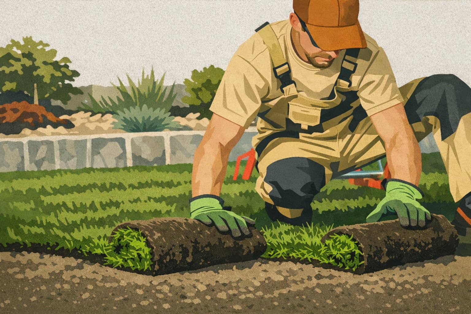 Landscaping crew laying sod