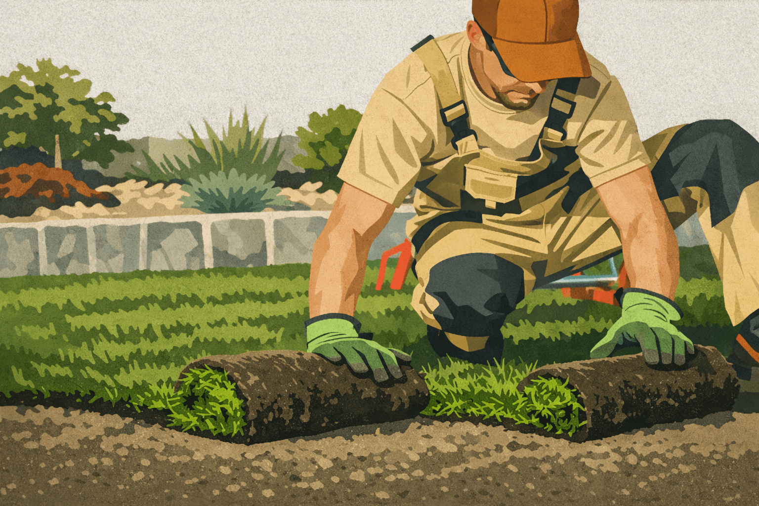 Landscaping crew laying sod