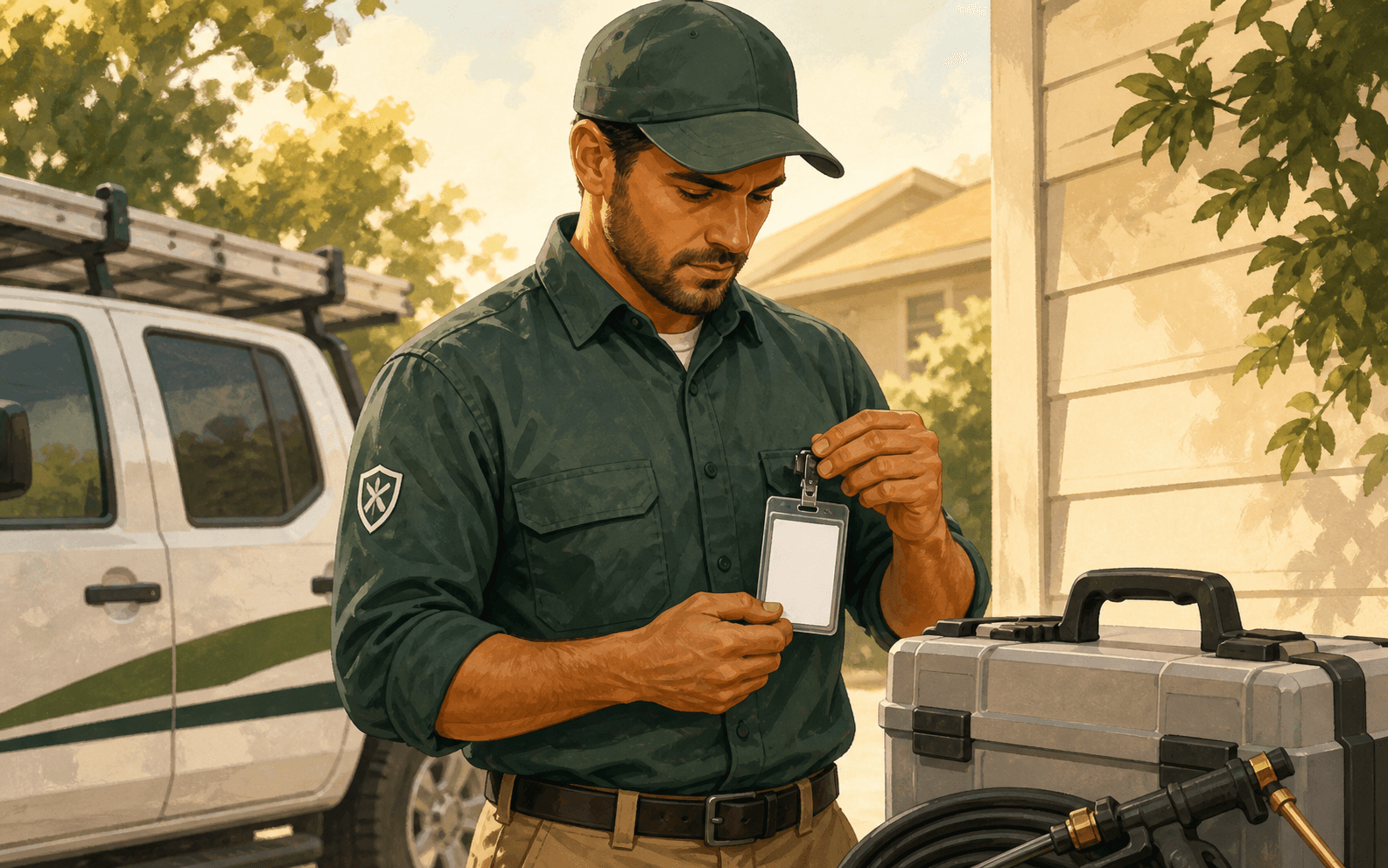 Pest control field supervisor checking a blank technician credential badge beside a service vehicle