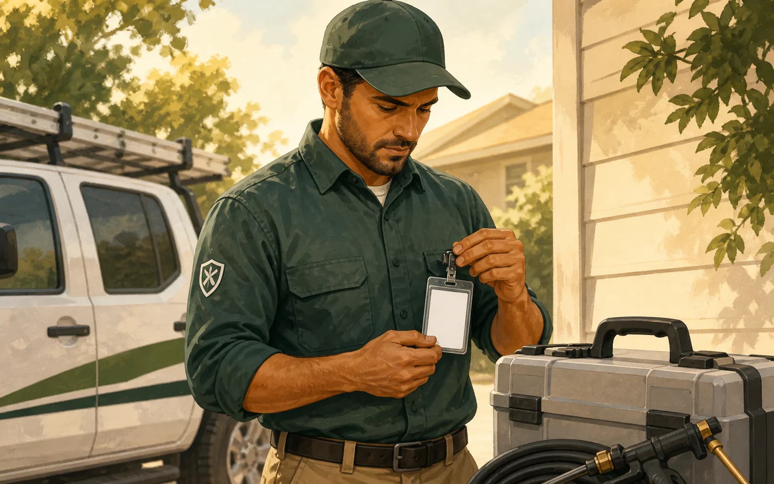 Pest control field supervisor checking a blank technician credential badge beside a service vehicle