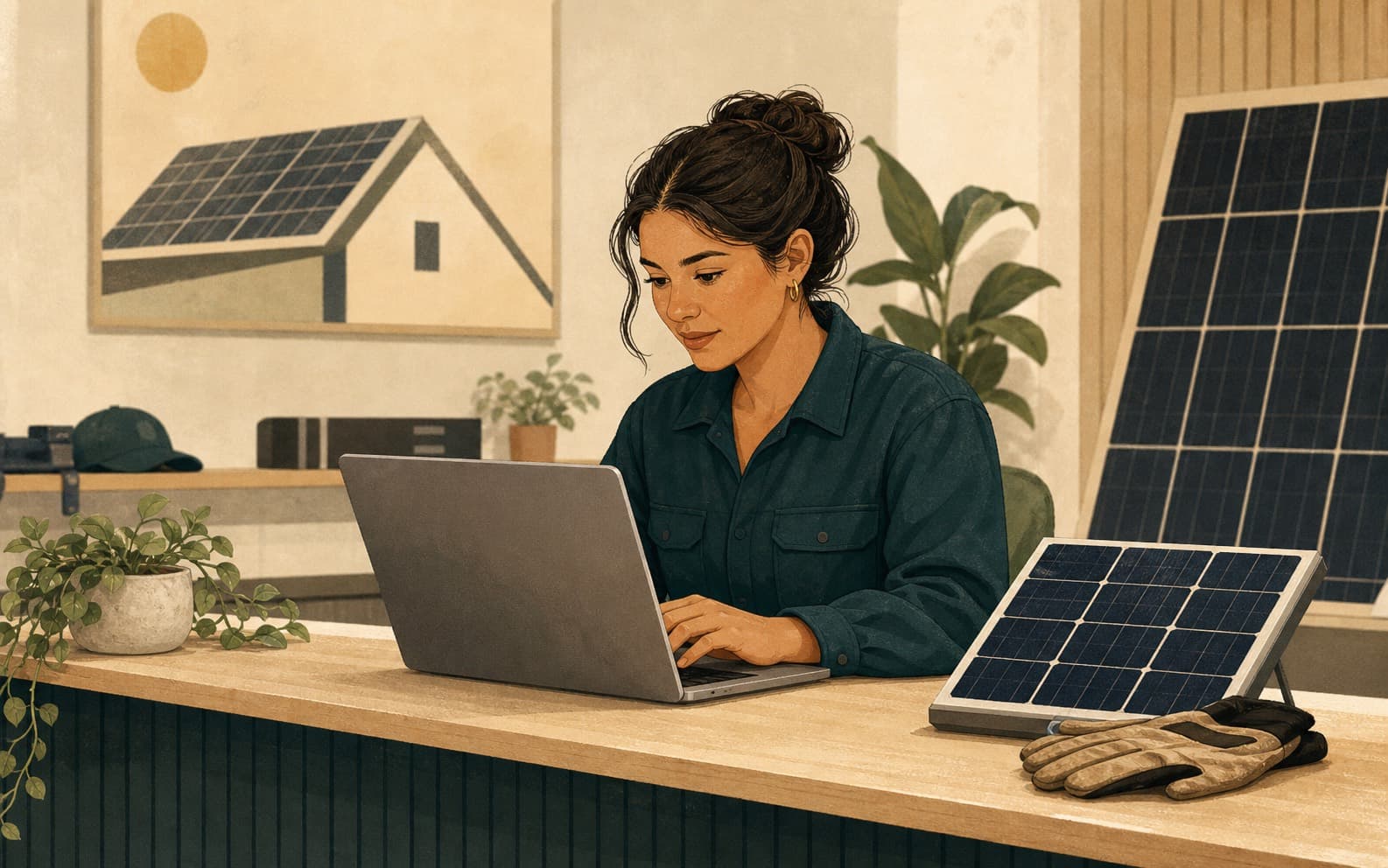 Solar service coordinator working at a counter with a laptop and solar panel sample