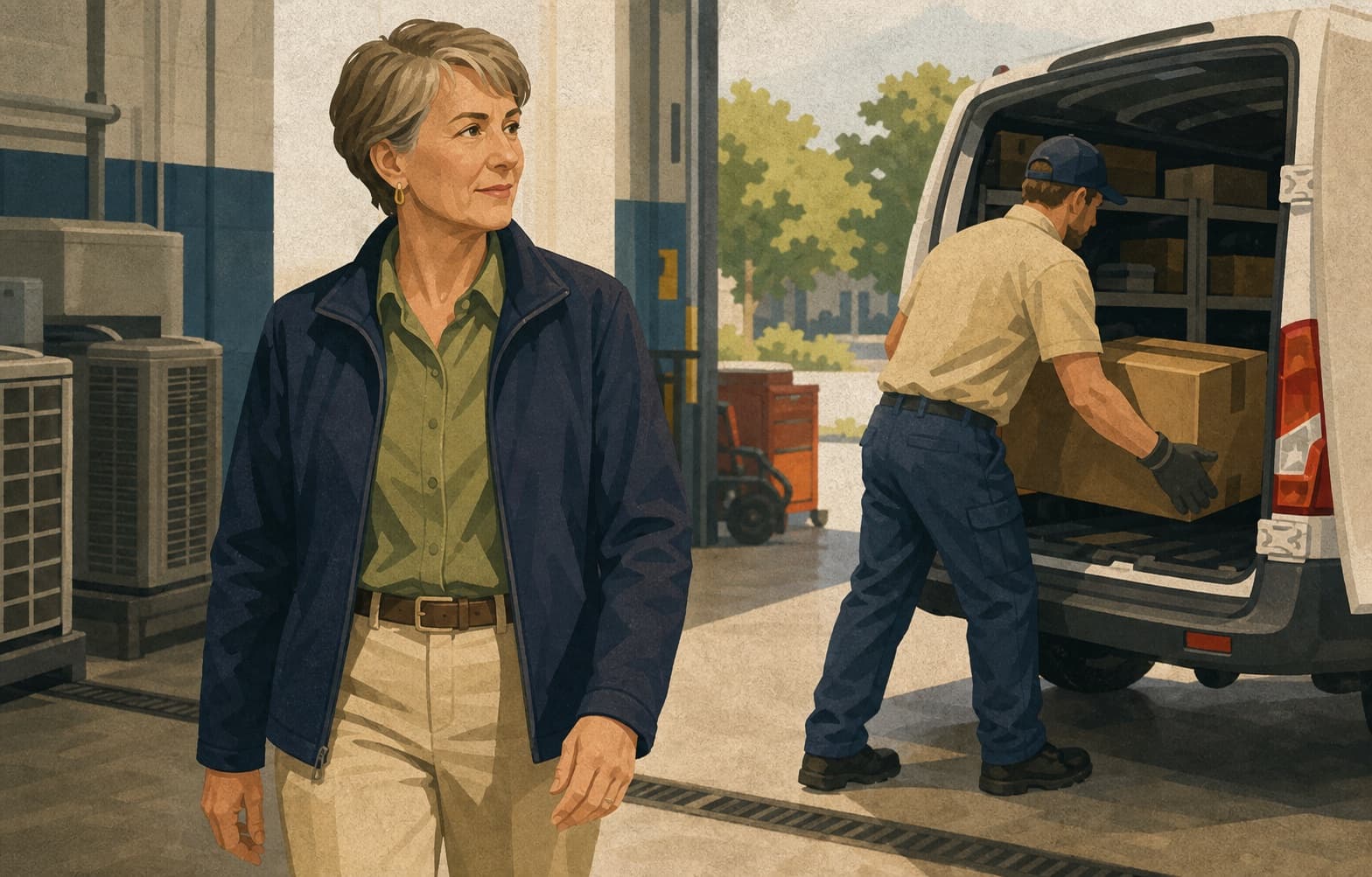 Regional operations director observing a technician load a service van in an HVAC branch