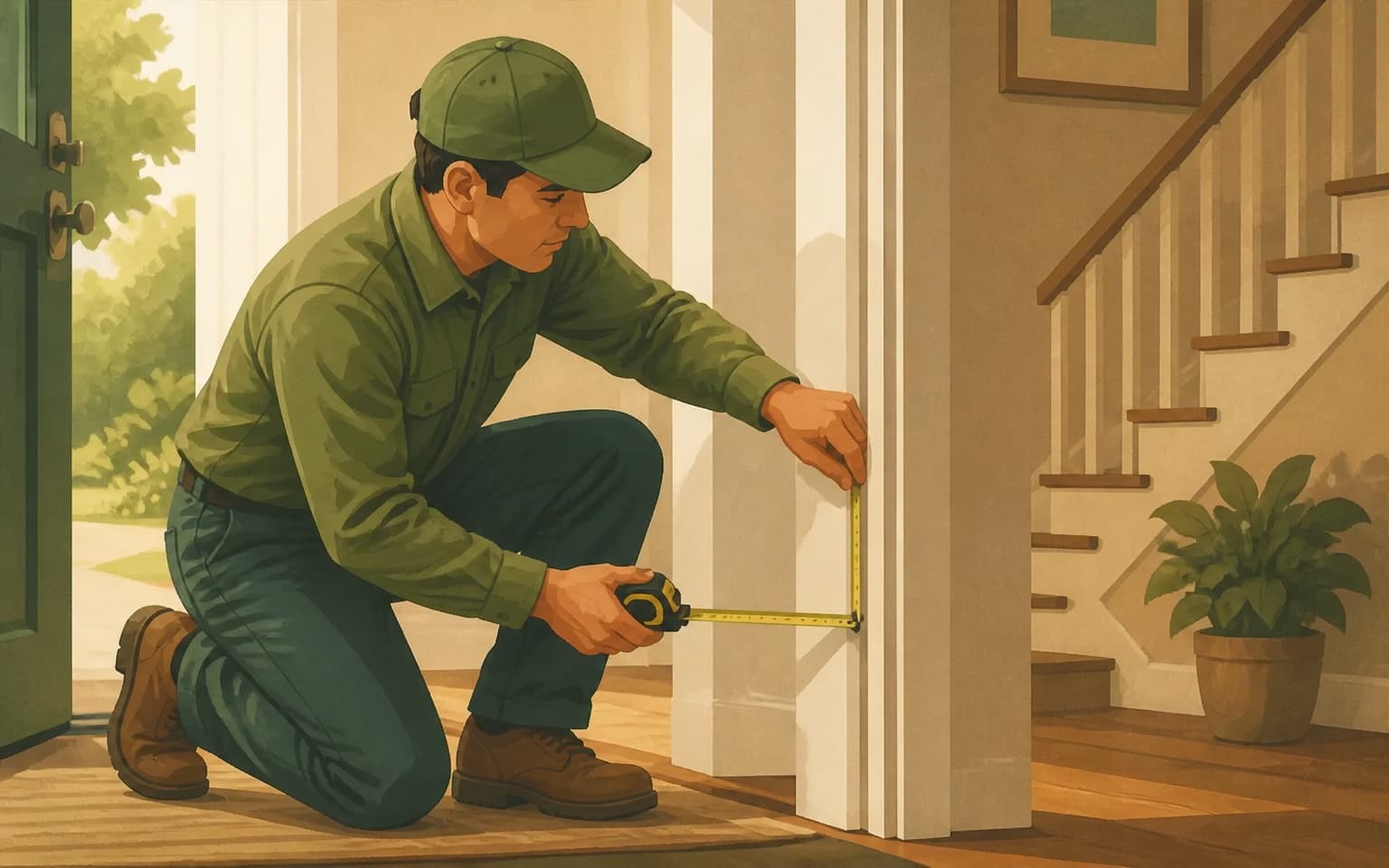 Moving-company estimator measuring doorway clearance at a residential entry