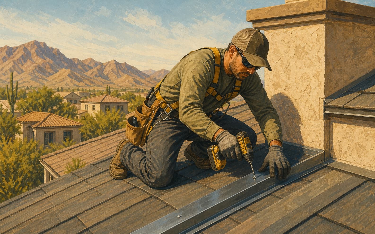 Roofing technician fastening metal flashing on one real local service job