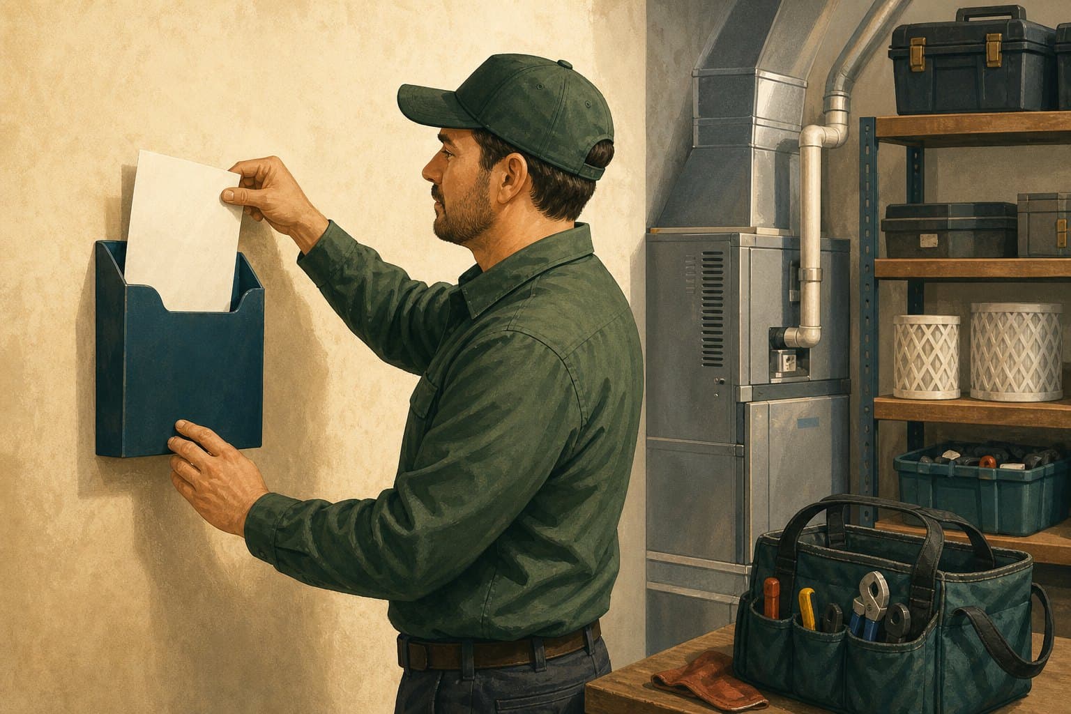 HVAC branch coordinator placing a blank location sheet into a wall holder beside service equipment