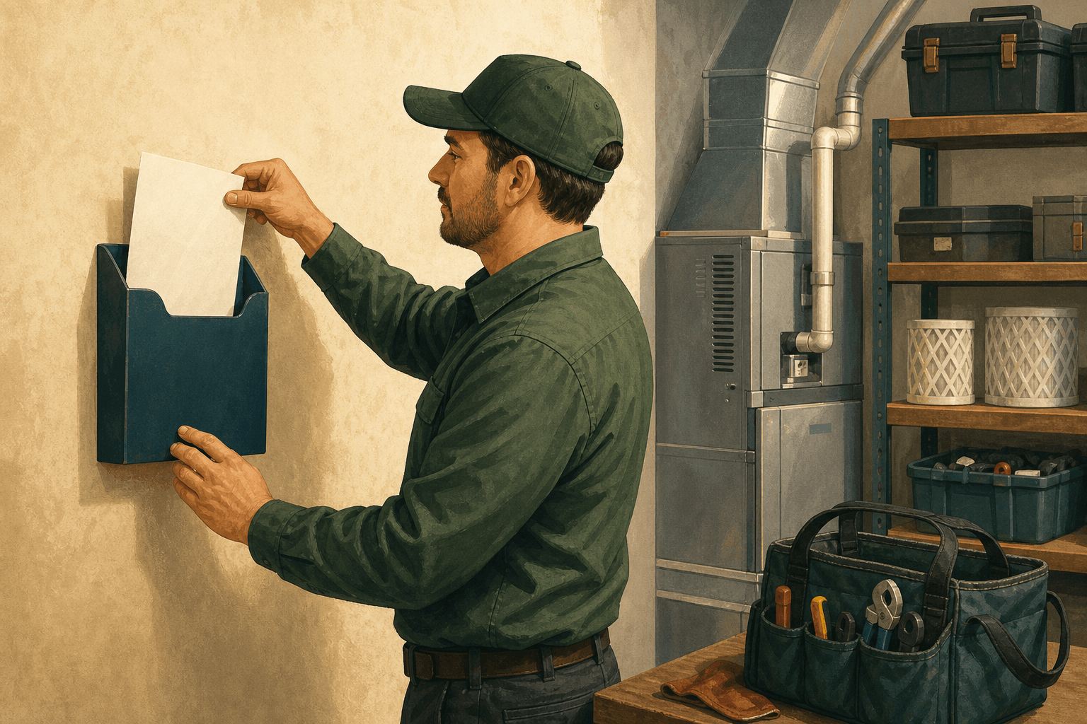 HVAC branch coordinator placing a blank location sheet into a wall holder beside service equipment