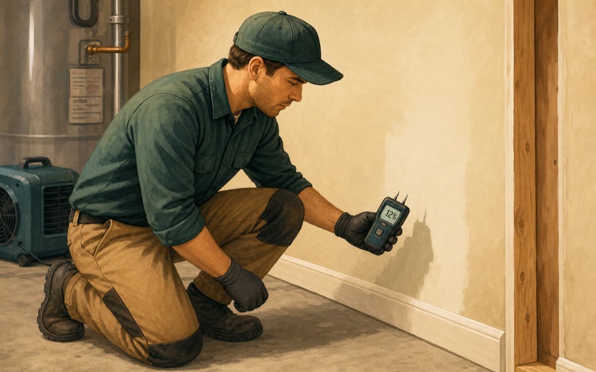 Restoration technician checking a repaired wall with a moisture meter