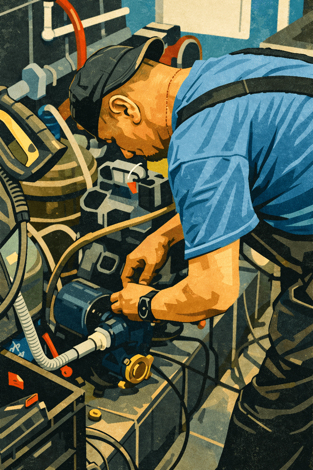 Technician repairing a water pump