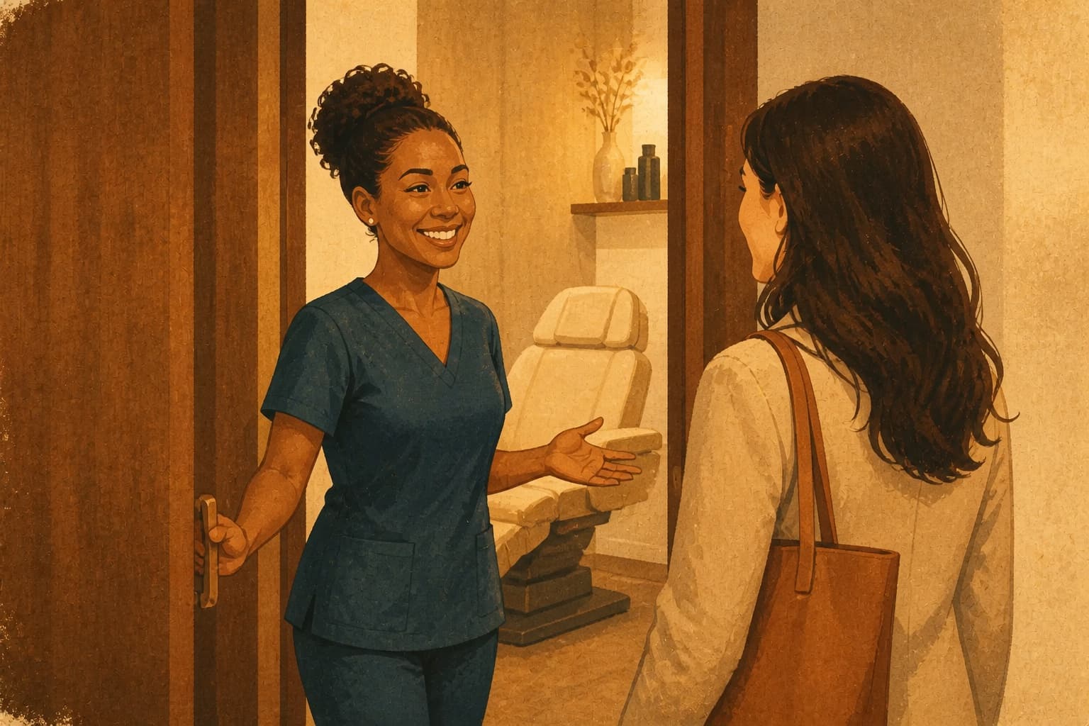 Med spa practitioner greeting a client at a treatment-room doorway