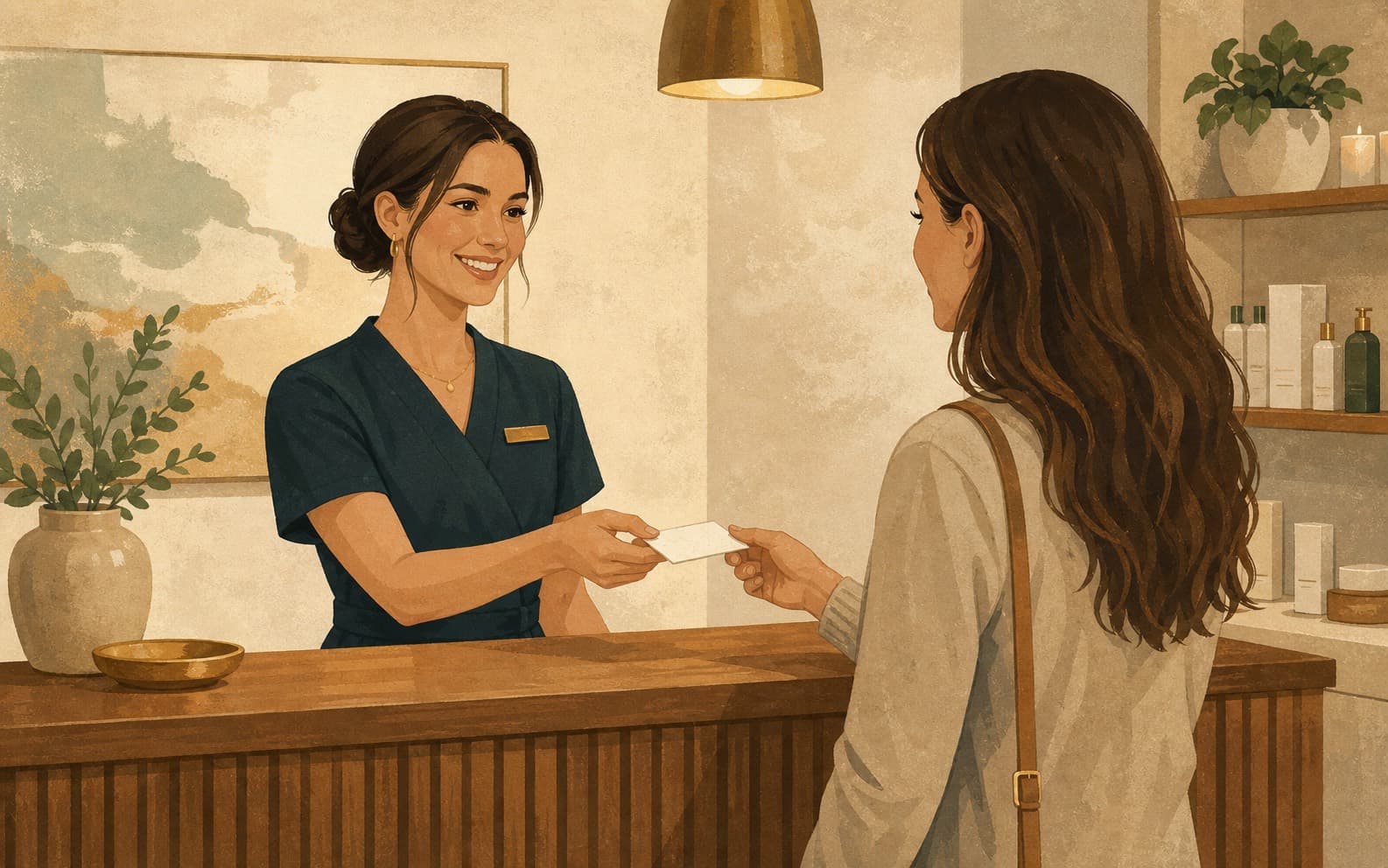 Med spa front desk worker handing a reminder card to a customer