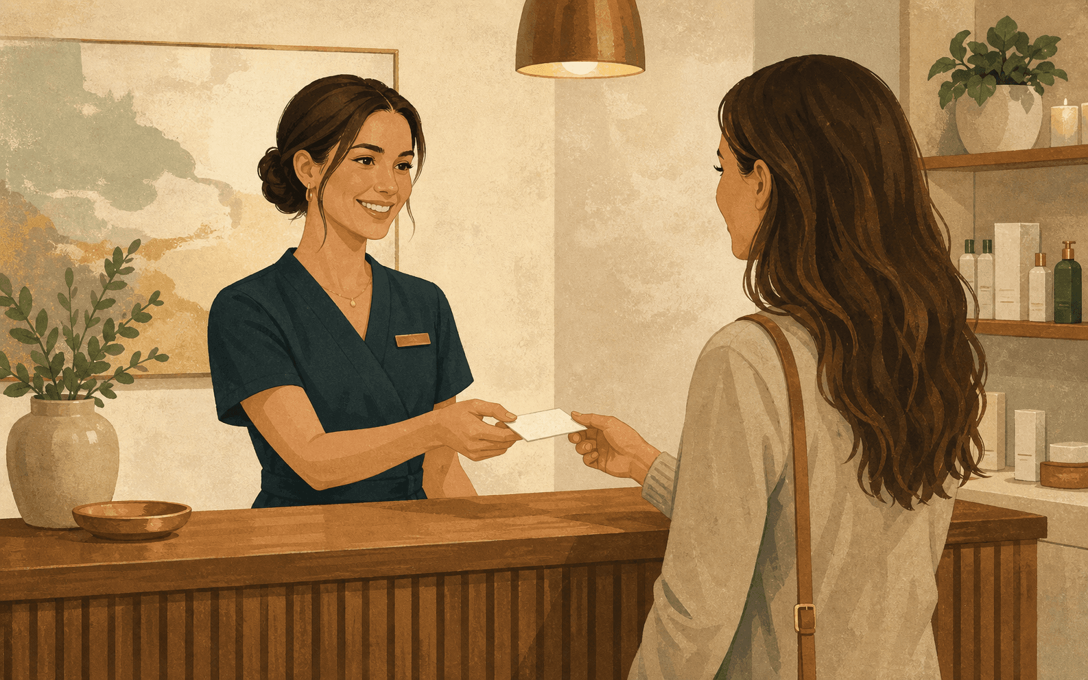 Med spa front desk worker handing a reminder card to a customer