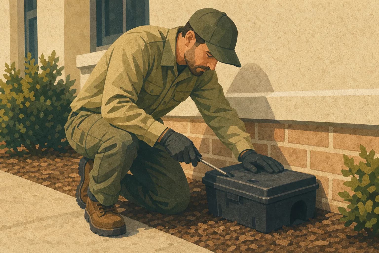 Pest-control technician inspecting an outdoor bait station beside a real apartment service location