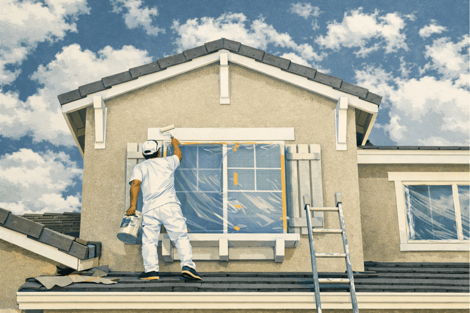 Painter working on an exterior wall