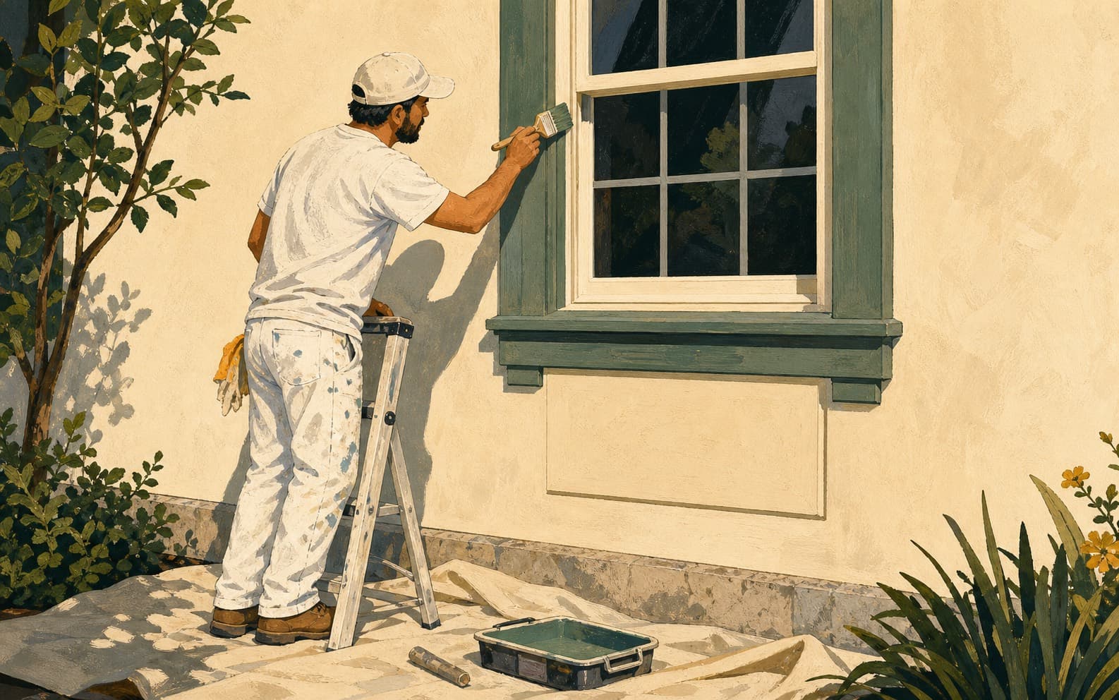 Exterior painter applying paint around a residential window frame