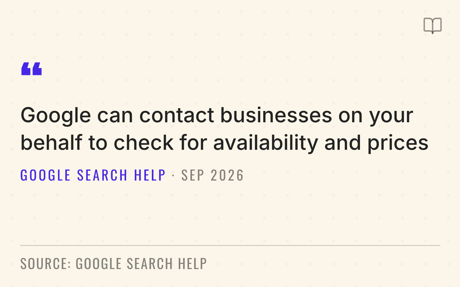 Quote plate reproducing Google Search Help's line that Google can contact businesses on a shopper's behalf to check for availability and prices