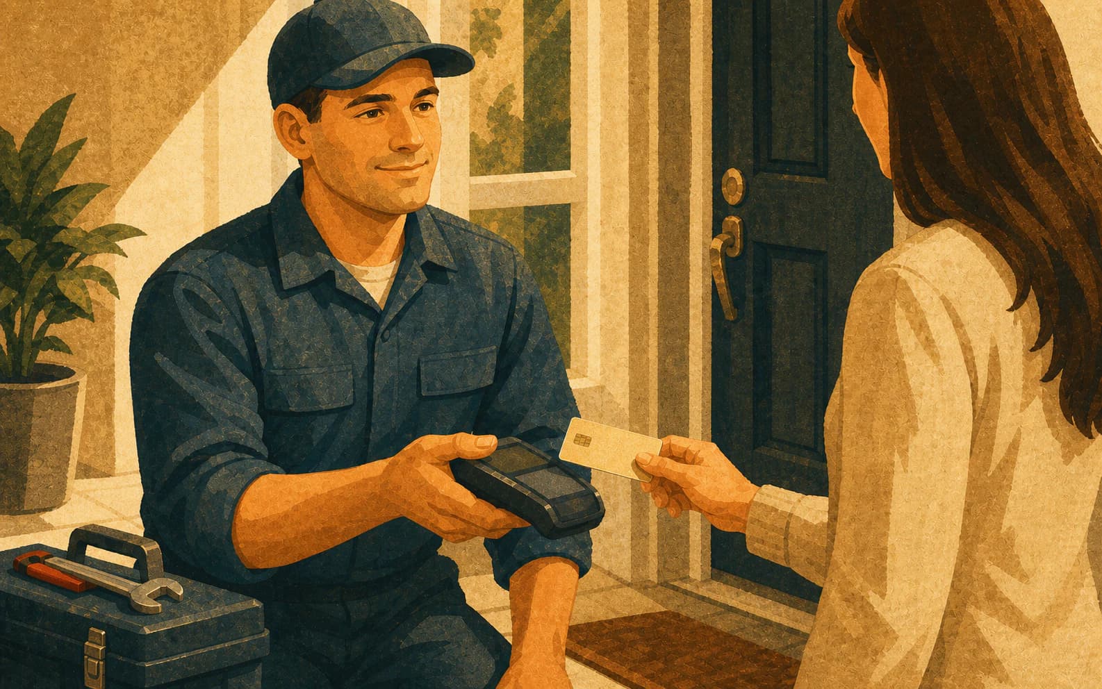 Plumbing technician accepting a card payment with a mobile reader at a customer's front entry