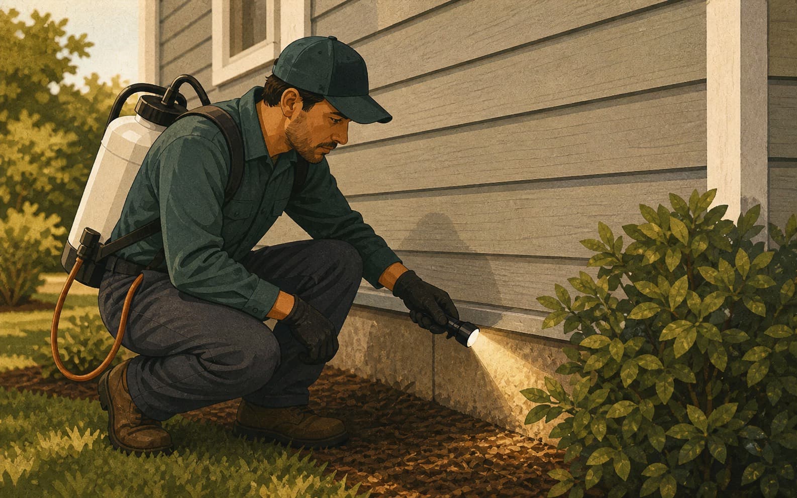 Pest control technician inspecting a home foundation with a flashlight