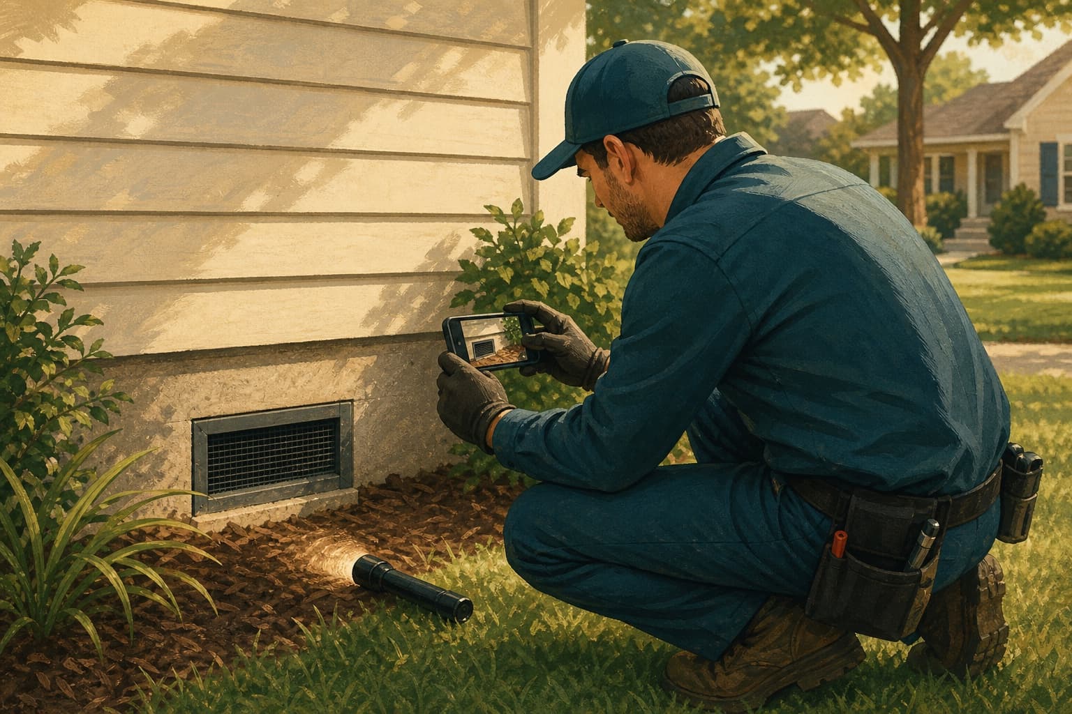 Pest control technician photographing a residential foundation vent after an inspection