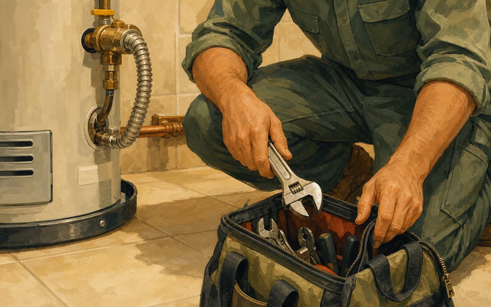 Plumbing technician organizing tools beside visible pipework