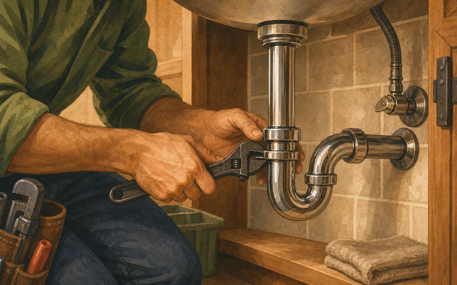 Plumber tightening a P-trap under a sink